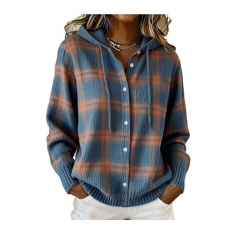 Generic Hoodie Knit Long Sleeve Button up Hooded Coat for Women Fall Winter Hoody Knitwear Printed Cardigan(Dark Blue,XXL)