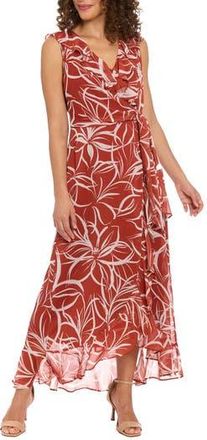 London Times Ruffle Sleeveless Faux Wrap Dress in Brown/White at Nordstrom Rack, Size 10