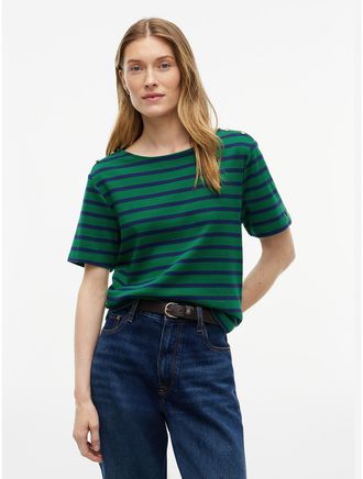 Tommy Hilfiger Womens Gold-Button Striped Interlock T-Shirt - Nouveau Green Combo - XXL