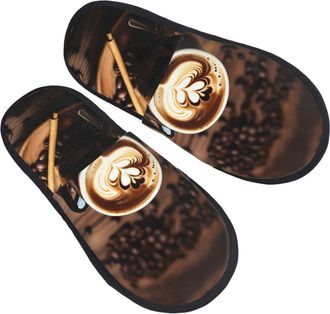 Generic Soft Cotton Slipper Delicious Heart Coffee print Fluffy Slipper Fluffy Winter Slippers for Travel Indoor Hotels M
