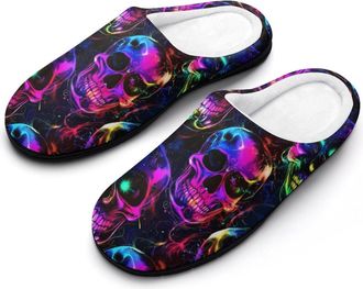 Generic Colorful Glowing Skull Mens House Slippers Memory Foam Washable Cotton Slip on Home Shoes
