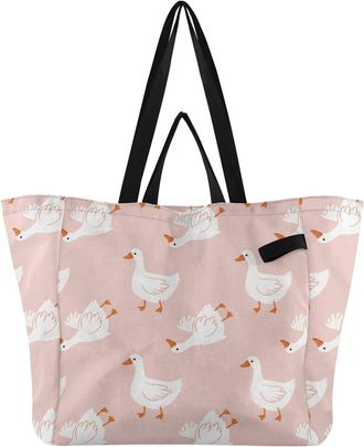 Generic Animal Duck Pink print Reusable Canvas Tote Bag, Heavy Duty Grocery Shopping Bag with Double Handles Large Capacity Hard Bottom Work Groceries Travel