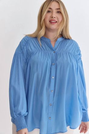 Entro Sara Curve Pleated Detail Button Up Blouse In French Blue