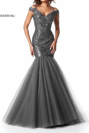 Sherri Hill Beaded Mermaid Gown In Grey