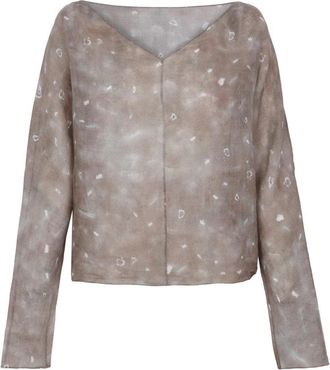 Cortana Geprinte Top van Ramie - Dames - Blouses - Beige - M - Overhemden