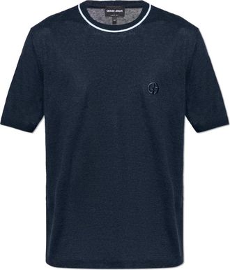 Giorgio Armani Trui met ronde hals van linnen en zijde - Heren - T-shirts - Blauw - M - Linnen - Tops