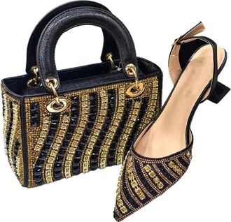 Generic Women Italian Pointed Toe Heel Rhinestone Decoration Elegant Wedding Party Shoes and Bag Set Black