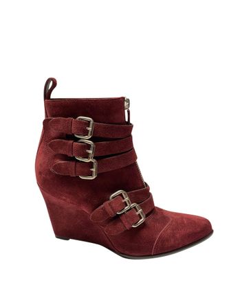 Tabitha Simmons Harley 80 Buckle Wedge Boots in Burgundy Suede