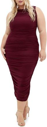 City Chic Halo Sleeveless Ruched Mesh Dress in Dark Cherry at Nordstrom, Size Xxl