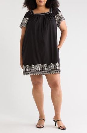 Max Studio Embroidered Short Sleeve Cotton Dress in Black/Cream at Nordstrom Rack, Size 2 X