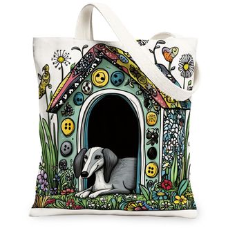 Generic Spring Greyhound Dog Canvas Tote Bag for Shopping 13x15, Fun Flower Puppy Kennel Reusable Grocery Print Pattern Bag for Women, Cute Pet Beach Aestheti