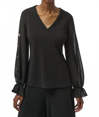 Joseph Ribkoff Chiffon Long Puff Sleeves Fitted Top In Black