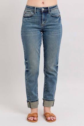 Judy Blue Mid Rise Roll Cuff Boyfriend Jeans In Medium Vintage Wash