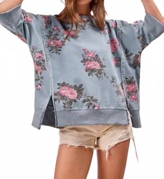 Bibi Womens Flower Printed Denim Top In Blue