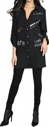 Frank Lyman Design Britta Tunic Length Top With Sequin Wording In Black