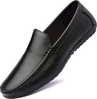 Generic Loafers for Men Breathable Lightweight Driving Loafers Leather Comfortable Anti-Slip Lightweight Classic Slip On(Black,9.5 UK)