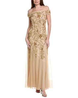 Adrianna Papell Off-Shoulder Floral Beaded Godet Gown