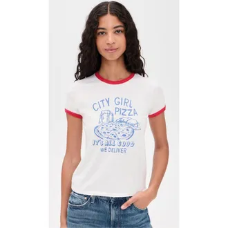 Mother Womens The Lil Goodie Ringer Tee, City Girl Pizza