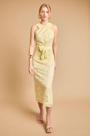 Oasis Womens Embroidered Mesh Lace Halterneck Midi Dress - Yellow - Size 14 UK