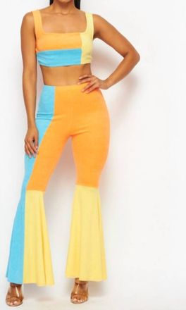 Hot & Delicious Bright Idea Terry Cloth Crop Top And Pant Set In Orange, Blue, Yellow
