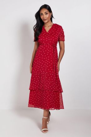 Wallis Womens Petite Polka Dot Glitter Ruffle Midi Dress - Red - Size 14 UK