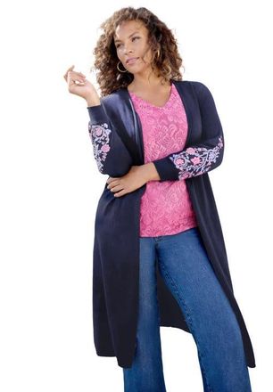Roaman's Embroidered Duster Cardigan in Navy Bloom Vine at Nordstrom, Size 16