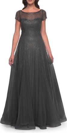 La Femme Beaded A-Line Dress with Illusion Neckline and Sleeves in Gunmetal at Nordstrom, Size 12