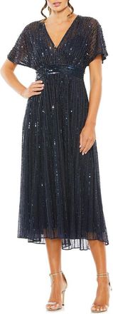 Mac Duggal Empire Waist Embellished Short Sleeve Dress in Midnight at Nordstrom, Size 14