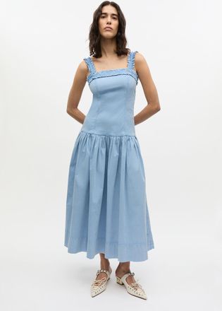 Ganni Blue Washed Stretch Cotton Corset Dress in Soft Chambray Size 14 Womens