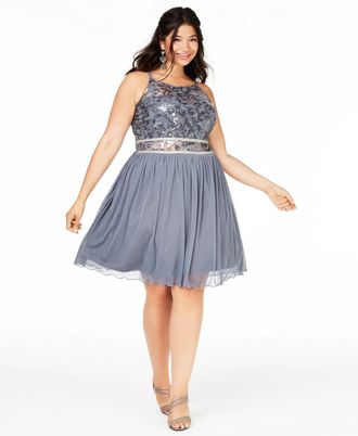 BCX Womens Trendy Plus Size Embellished Chiffon Fit & Flare Dress Gray Size 20W