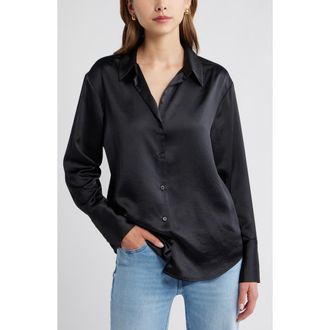 Open Edit Relaxed Fit Satin Button-Up Shirt in Black at Nordstrom Rack, Size Xx-Small