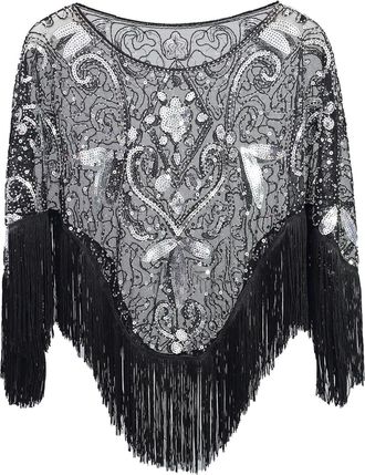 Feoya Womens 1920s Shawl Sequin Beaded Evening Cape Flapper Shrug Retro Tulle Tassel Shawls Vintage Mesh Fringe Shawl Wraps Shiny Short Fringed Art Deco Wra