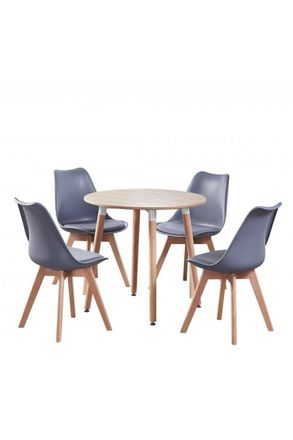 Life Interiors 5PCs Dining Set - a Round Dining Table & Set of 4 Lorenzo Tulip chairs with Padded Seat in Grey