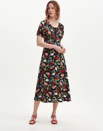 Finery Petite Jada Puff Sleeve Midi Dress in Black Floral at Nordstrom, Size 10