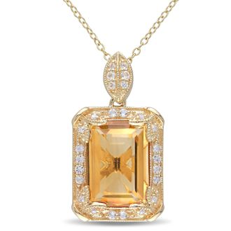 Mimi & Max 6 3/4ct TGW Emerald Cut Citrine-White Topaz and Diamond Halo Necklace in Yellow Silver