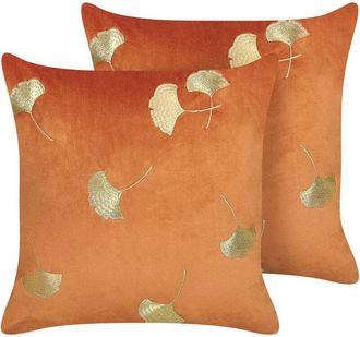 Beliani Beliani - Conjunto De 2 Cojines De Terciopelo Naranja Dorado 45 X 45 Cm Hoja Glamour Tulip