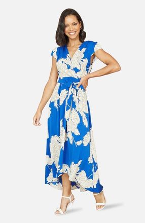Yumi Blossom Print Dipped Hem Wrap Midi Dress in Blue at Nordstrom, Size 12