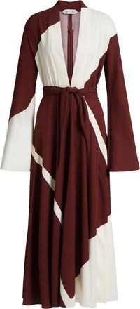 Alberta Ferretti Belted Burgundy Midi Dress with Geometric Color-Block Pattern