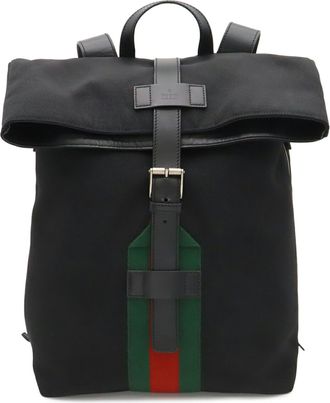 Gucci Sherry Line Black Green Red Color Nylon Canvas Backpack (Pre-Owned)