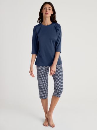 CALIDA Schlafanzug CALIDA Daylight Dreams, Damen, Gr. XS (36/38), blau (peacoat blau), Interlock, Obermaterial: 100% Baumwolle, bequem 3/4-L&auml;nge, Rundhals, H