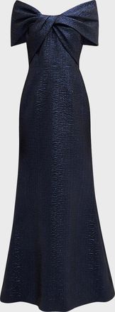 Teri Jon Off-Shoulder Metallic Jacquard Mermaid Gown