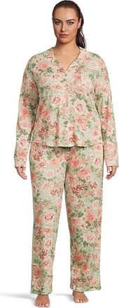 Karen Neuburger Plus Size Vintage Dreams Long Sleeve Notch Top Long Pants Set With Picot Trim Womens Pajama Sets Forest Rose : 1X (Womens 16W-18W)