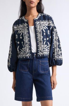 Veronica Beard Drake Embroidered Bandana Print Cotton Blend Jacket in Navy at Nordstrom, Size X-Large