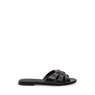 Pinko Sliders, female, Black, Size: 10 US Leather Slip-On Sandals with Love Birds Logo