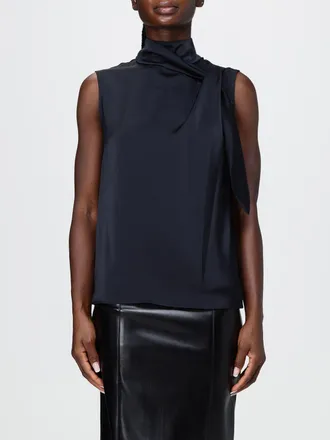 Hanita Sleeveless Satin Blouse with Draped Pussy-Bow Collar