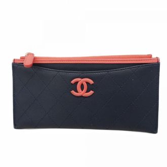 Chanel Navy Pink Leather Long Wallet (Bi-Fold) (Pre-Owned)