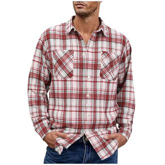 Generic Mens Checked Shirts Casual Regular-Fit Fashionable Versatile Long Sleeve Lightweight Plaid Shirt Comfortable Durable Button-Up Lapel Tops with Chest P