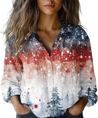 Generic Womens Casual Christmas Long Sleeve Button Down Shirt - Printed Holiday Patterns for Family Gatherings & Xmas Parties (UK, Alpha, 4XL, Regular, Regula