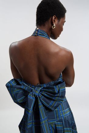 Karen Millen Womens Check Taffeta Cross Front Halter Neck Blouse With Bow Detail - Navy - Size 10 UK