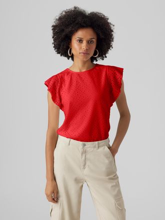 Vero Moda Rundhalsshirt VERO MODA VMTASSA SL FRILL TOP NOOS, Damen, Gr. XS, rot (fiery rot), Jersey, Obermaterial: 95% Polyester, 5% Elasthan, unifarben, loose 